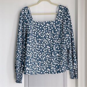 ANTHROPOLOGIE MELLODAY Blue and White Floral Square Neck Long Sleeve Top